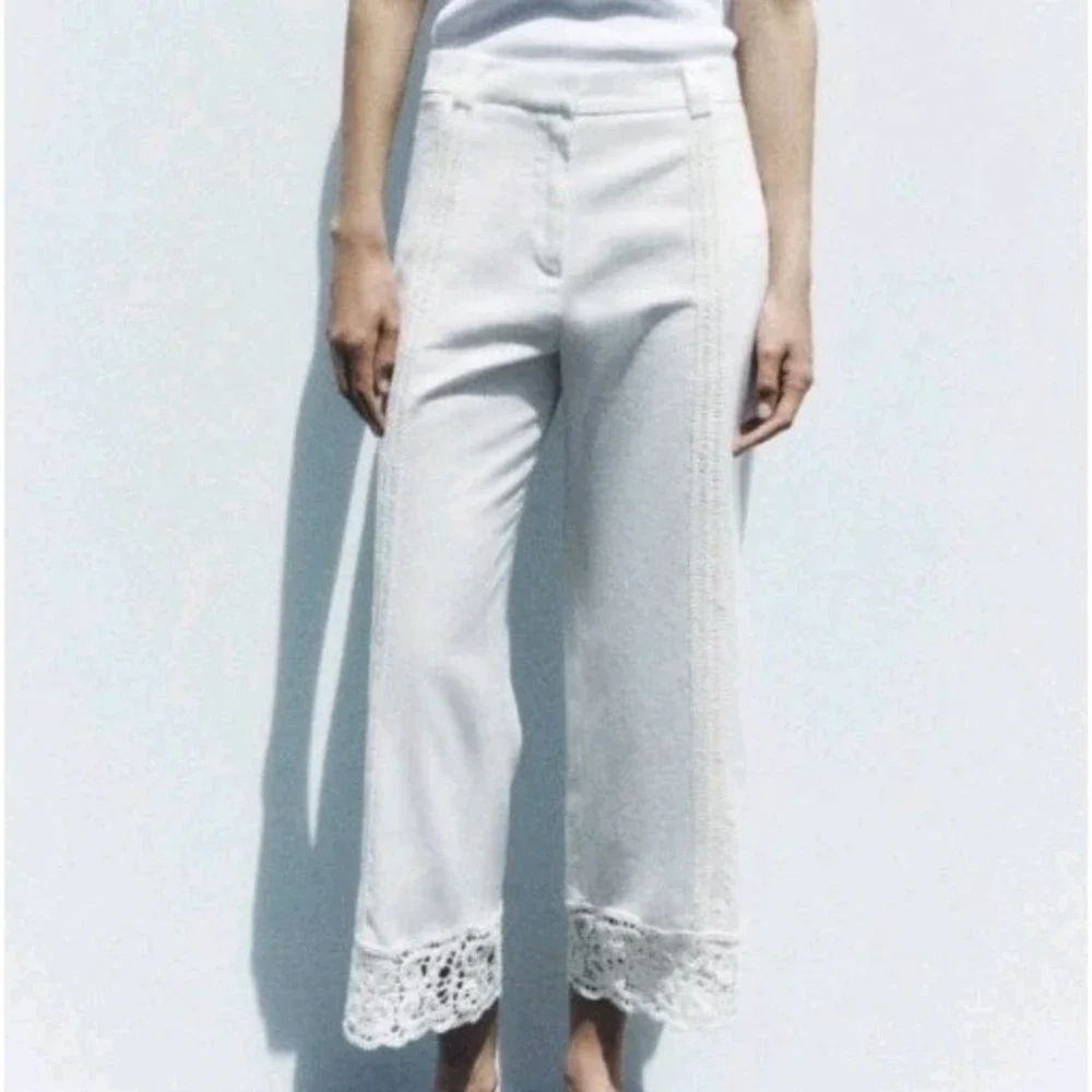 Zara Linen Blend Crochet Trousers Ecru Size L NWT